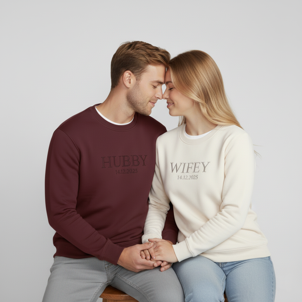 Персонализирани суитчъри за двойки „Hubby / Wife“ – Бродерия с дата по избор