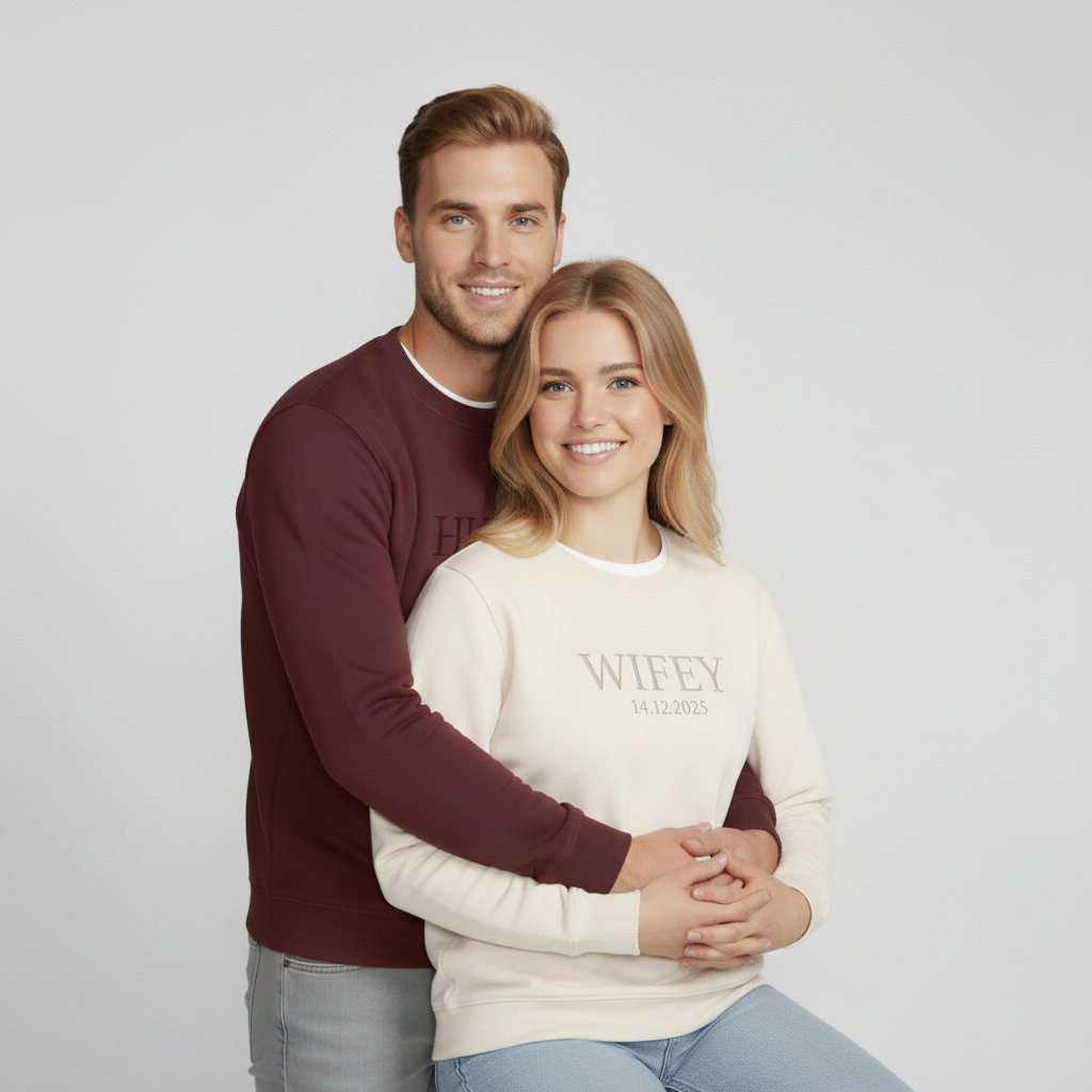 Персонализирани суитчъри за двойки „Hubby / Wife“ – Бродерия с дата по избор