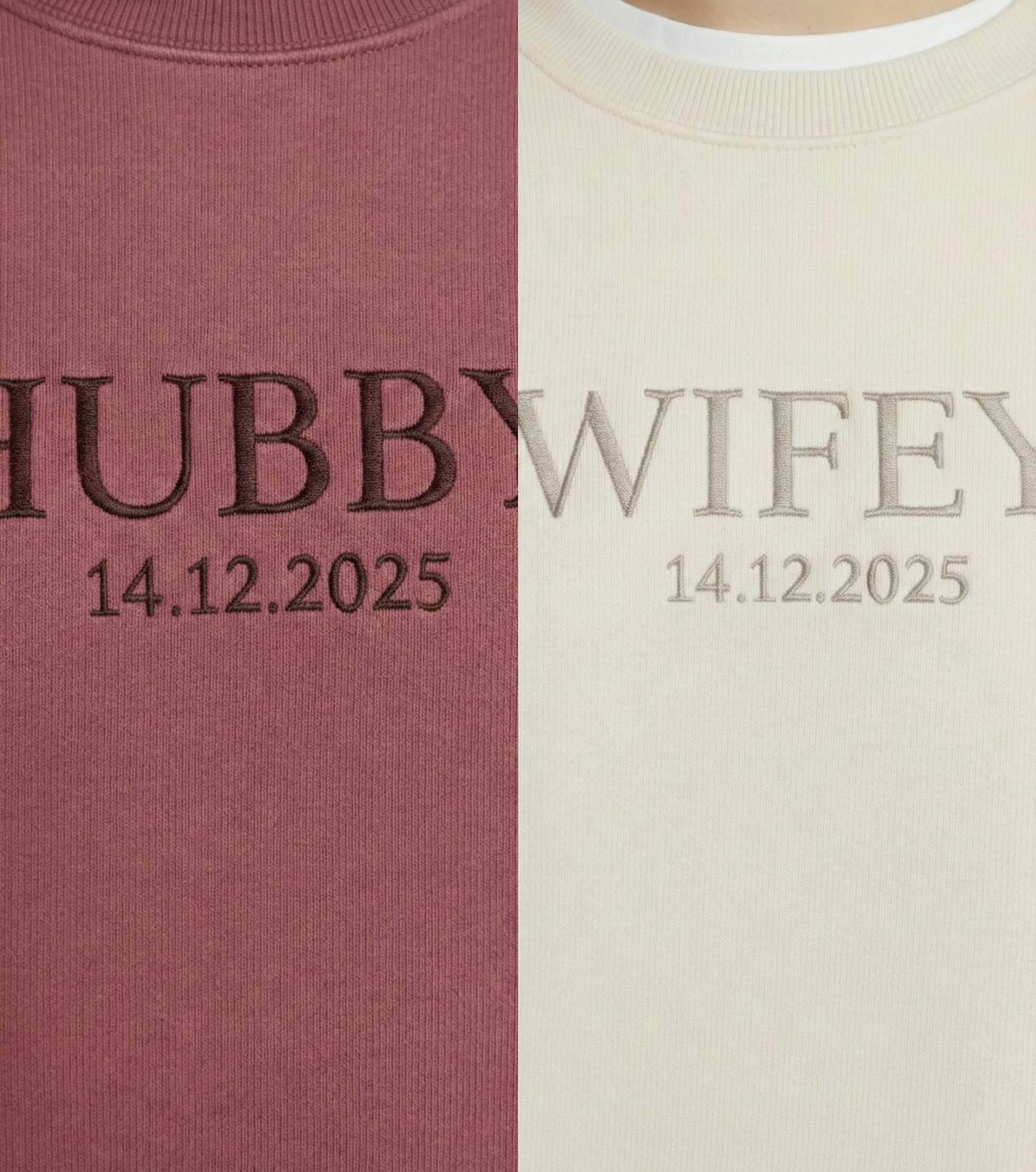 Персонализирани суитчъри за двойки „Hubby / Wife“ – Бродерия с дата по избор