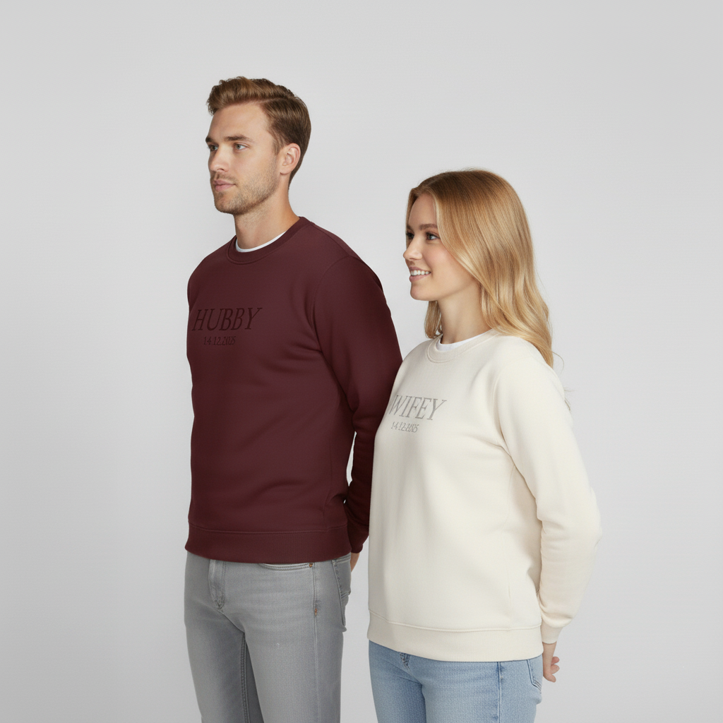 Персонализирани суитчъри за двойки „Hubby / Wife“ – Бродерия с дата по избор
